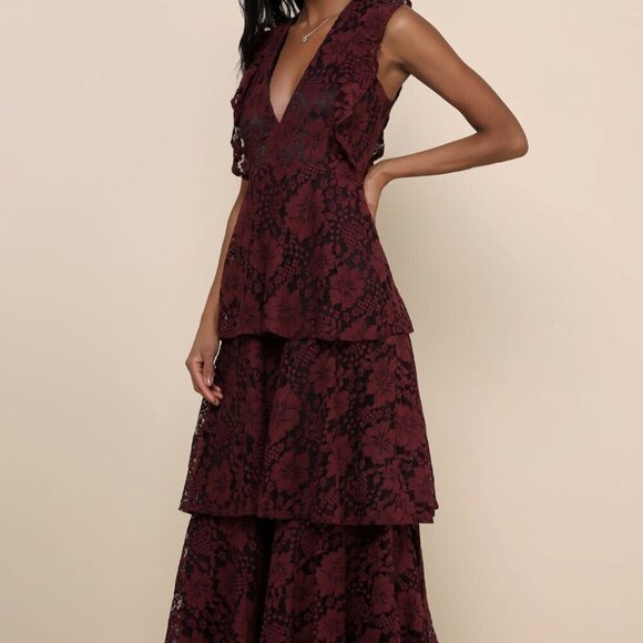 NWT Lulus Molinetto Burgundy Lace Ruffled Tiered Sleeveless Maxi Dress​ - Picture 3 of 9